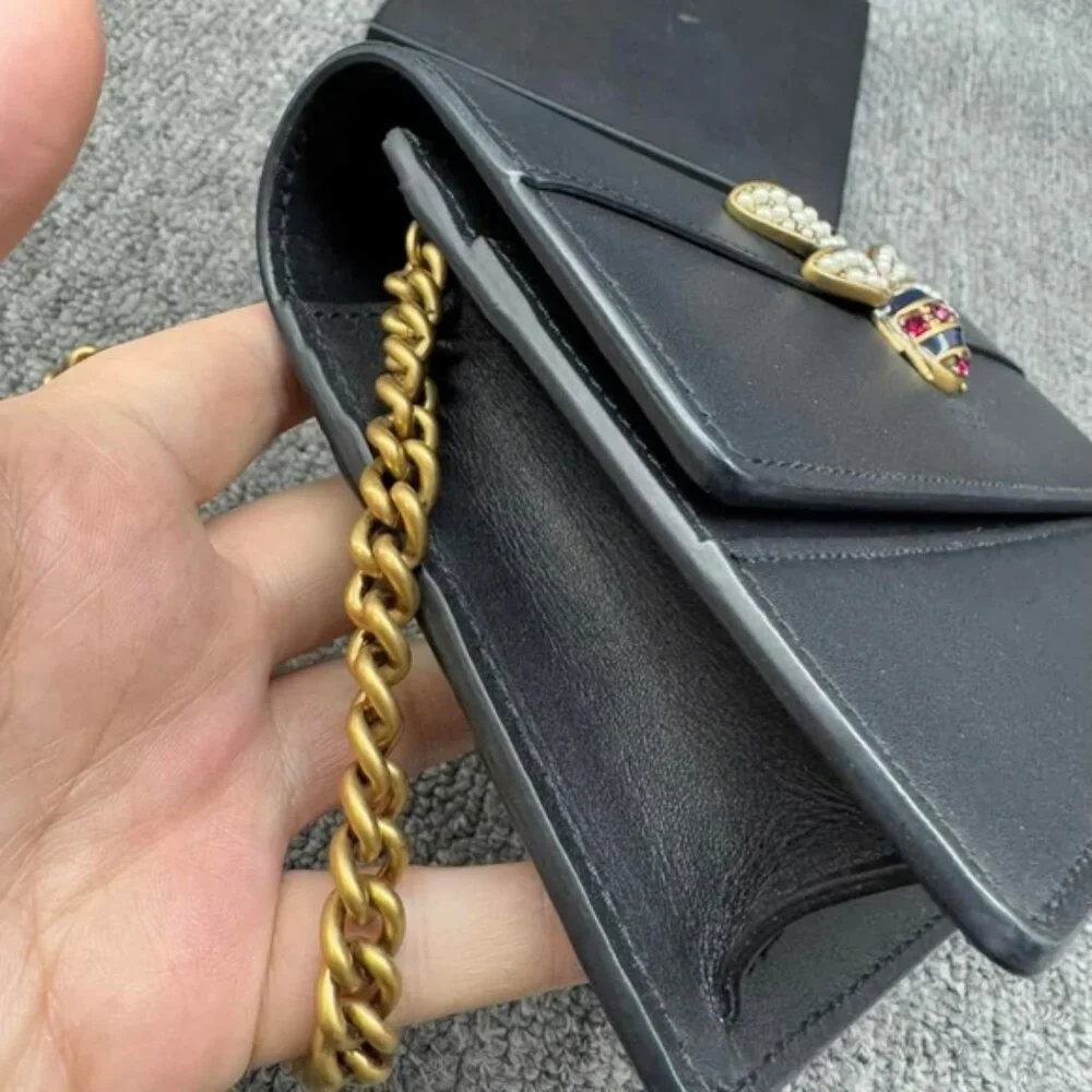 Authentic Gucci Queen Margaret Bee Chain Wallet Black Leather GG Crossbody - Picture 4 of 16
